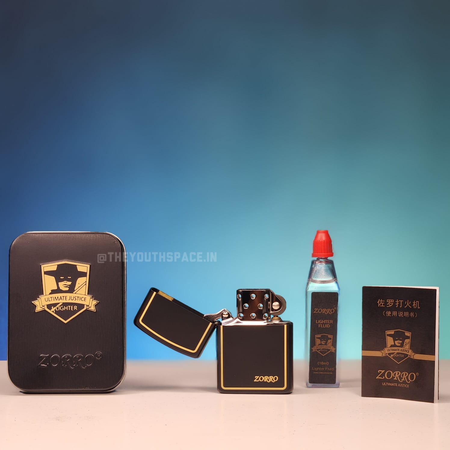 ZORRO ULTIMATE JUSTICE BRASS BLACK WITH GOLD BORDER LIGHTER 23HK