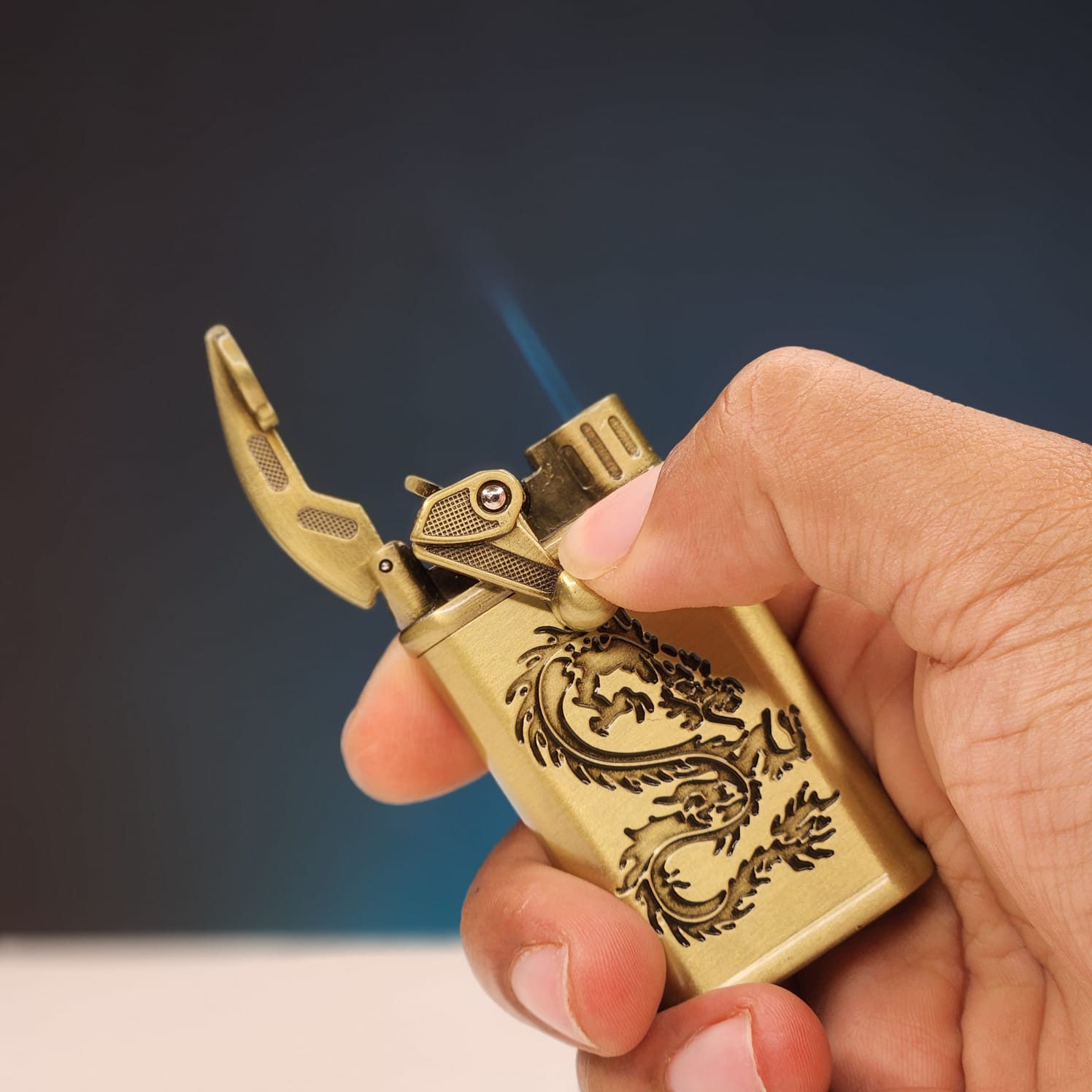 Dragon Engraved Golden Jet Flame Lighter