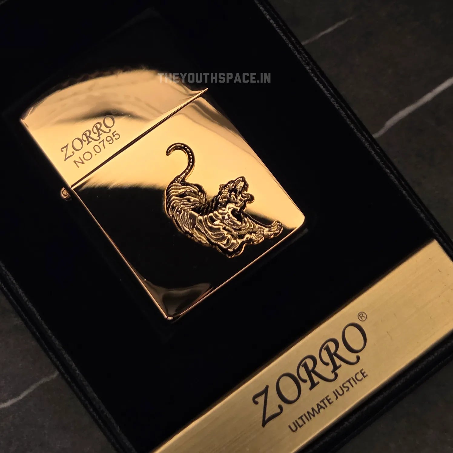 ZORRO ULTIMATE JUSTICE BRASS GOLDEN TIGER EMBOSSED LIGHTER 2025