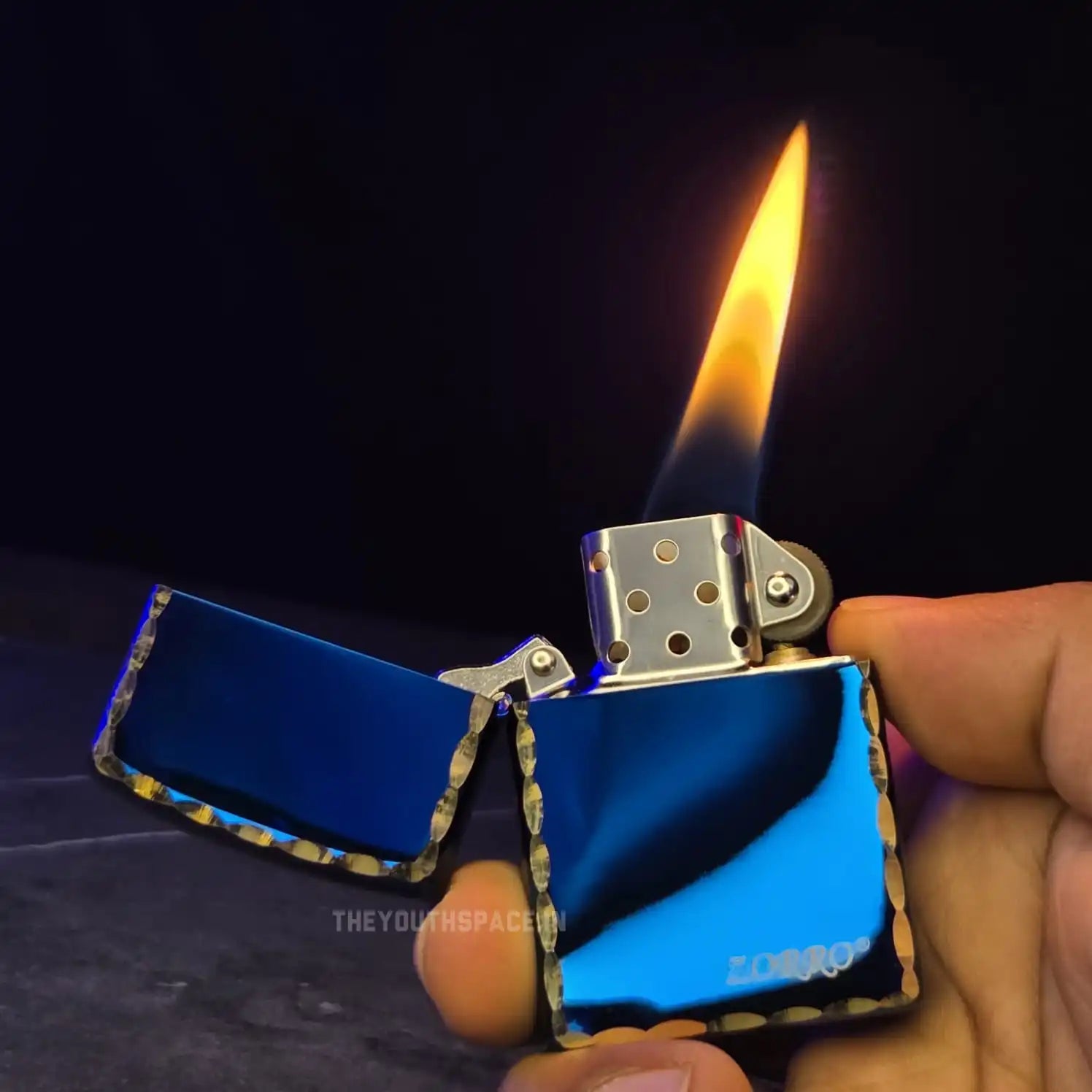ZORRO ULTIMATE JUSTICE BRASS ICE BLUE HAND CARVED LIGHTER 22HK