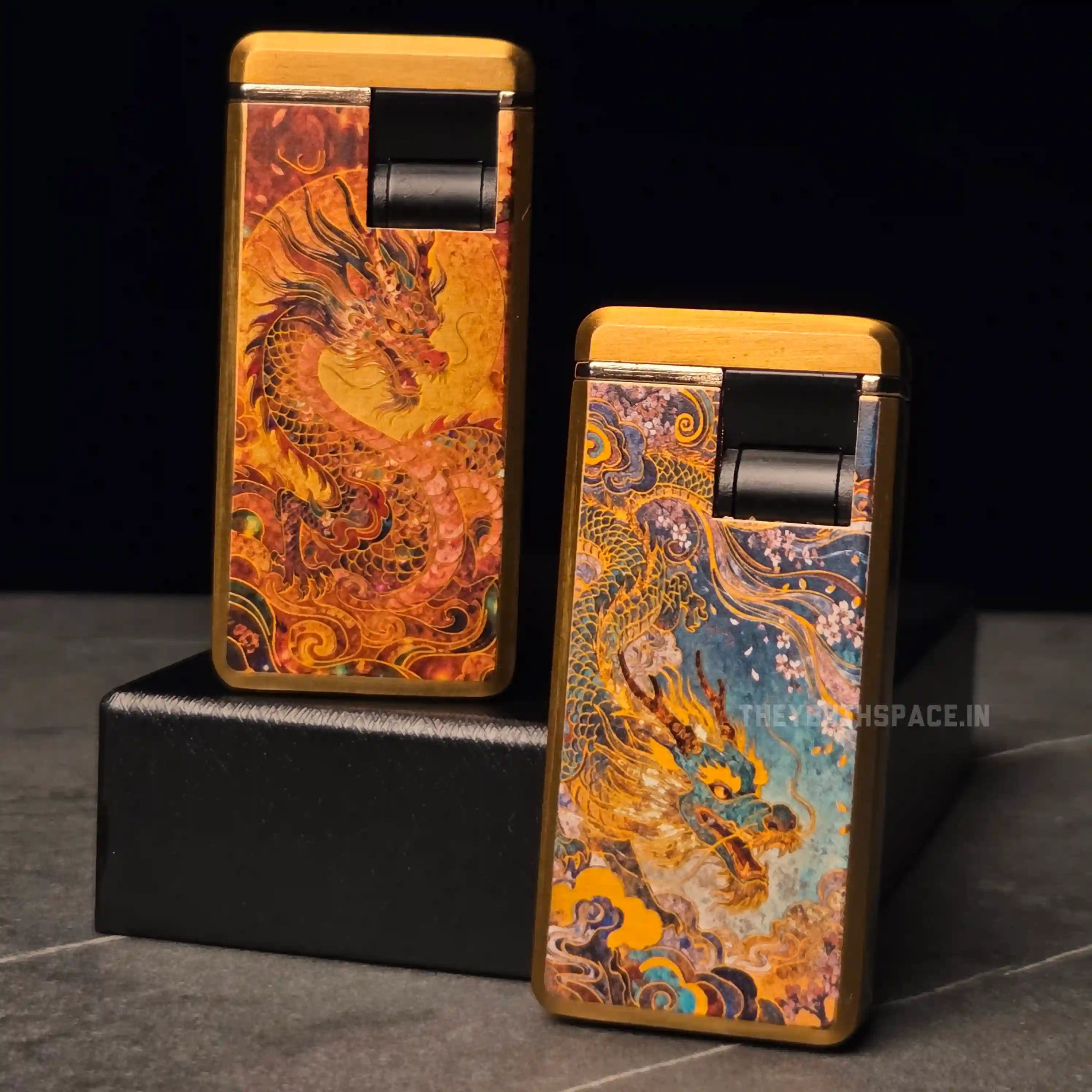 Gold Toned Relief Printed Dragon Red Flame Jet Lighter