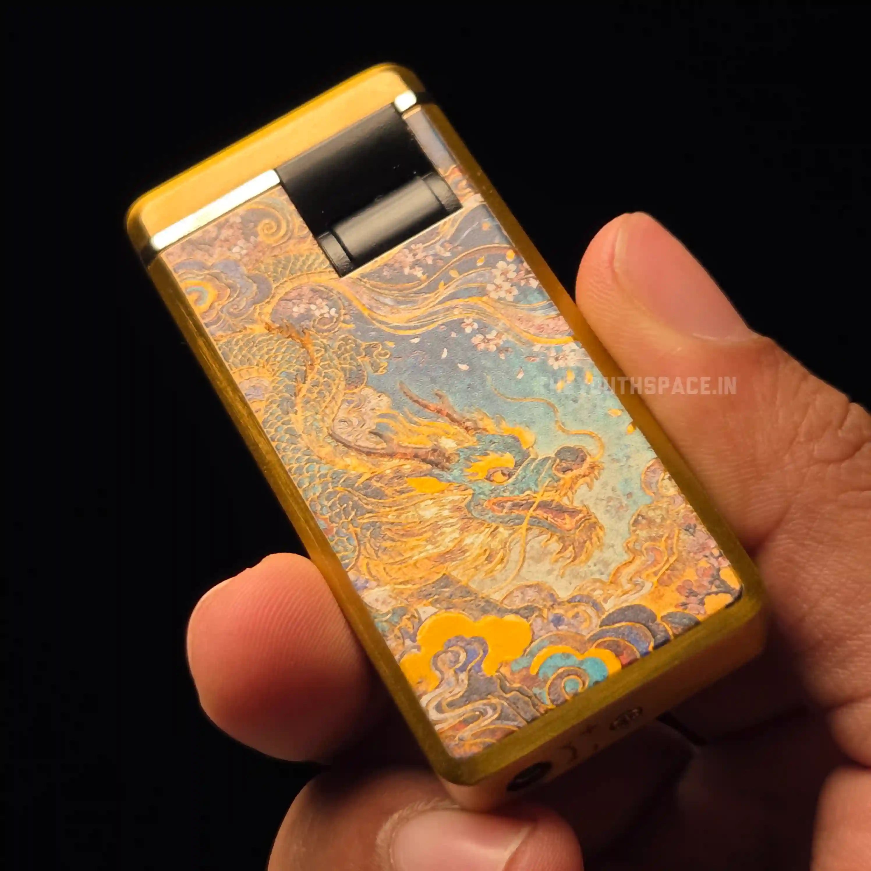 Gold Toned Relief Printed Dragon Red Flame Jet Lighter