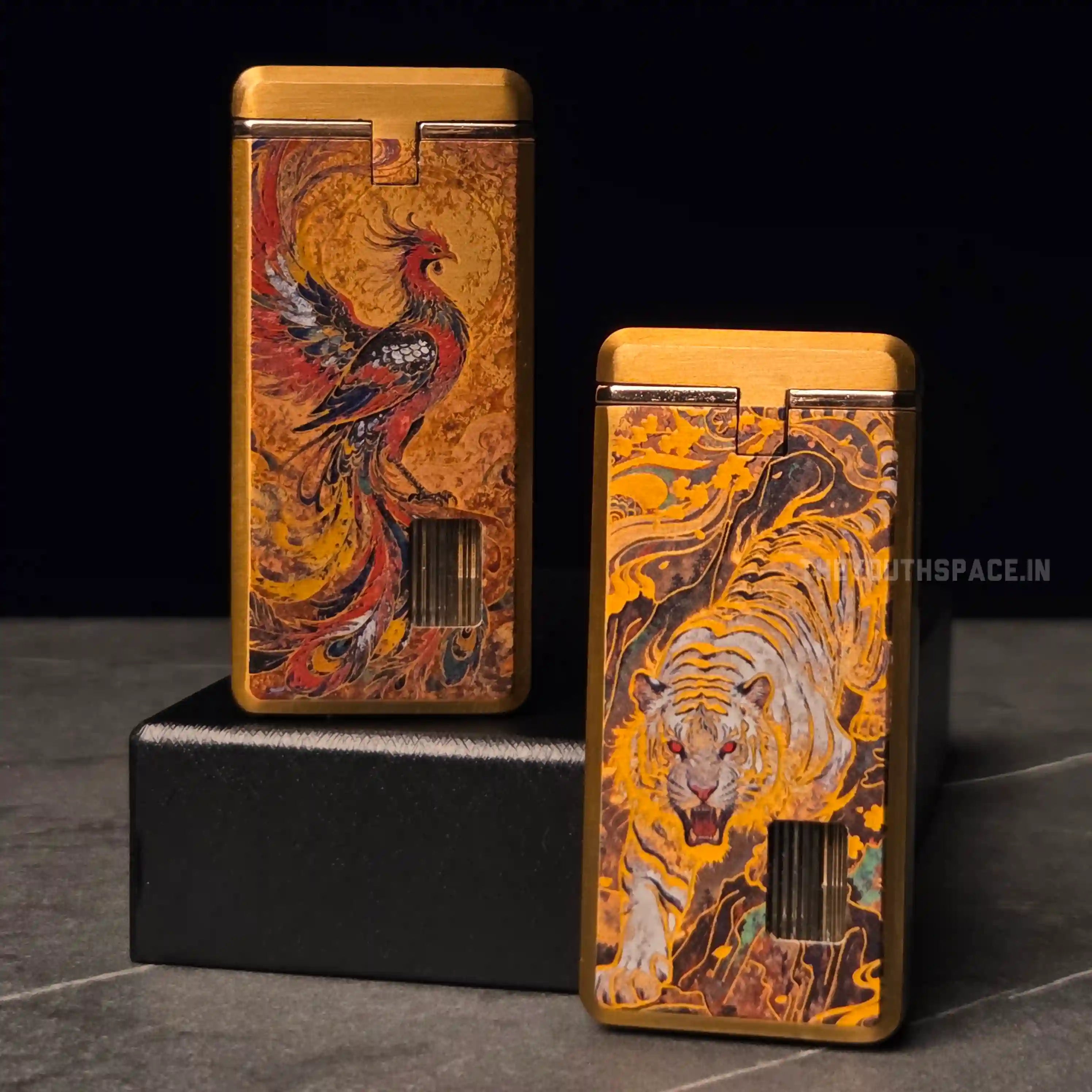 Gold Toned Relief Printed Dragon Red Flame Jet Lighter