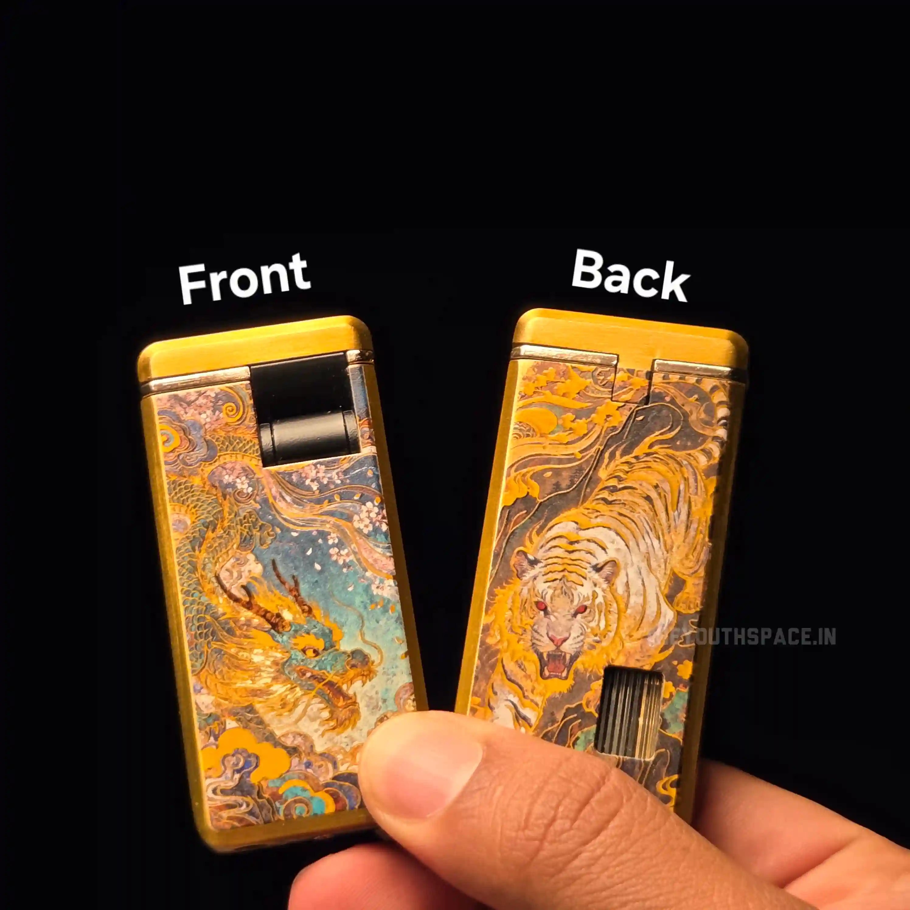 Gold Toned Relief Printed Dragon Red Flame Jet Lighter