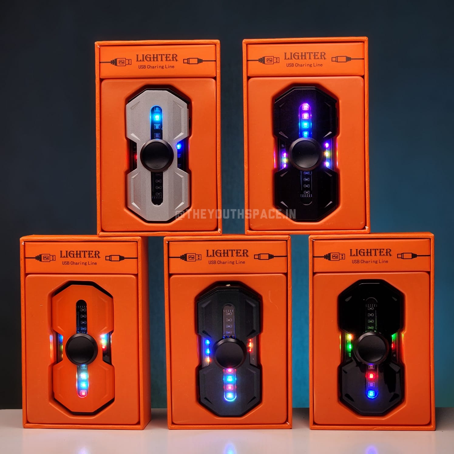 Premium Hexa Shaped Spinner Lighter with LED Lights (Metallic)