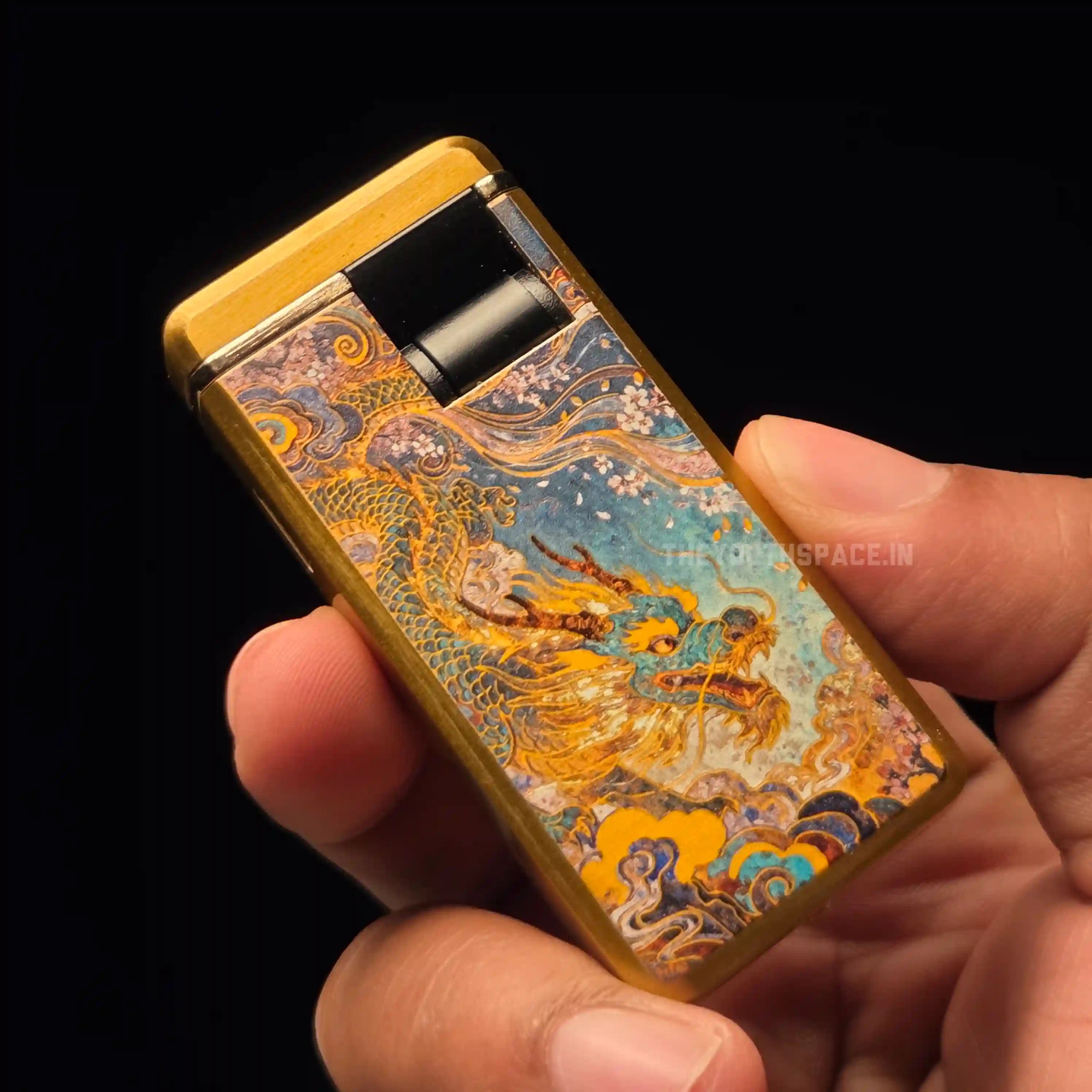 Gold Toned Relief Printed Dragon Red Flame Jet Lighter