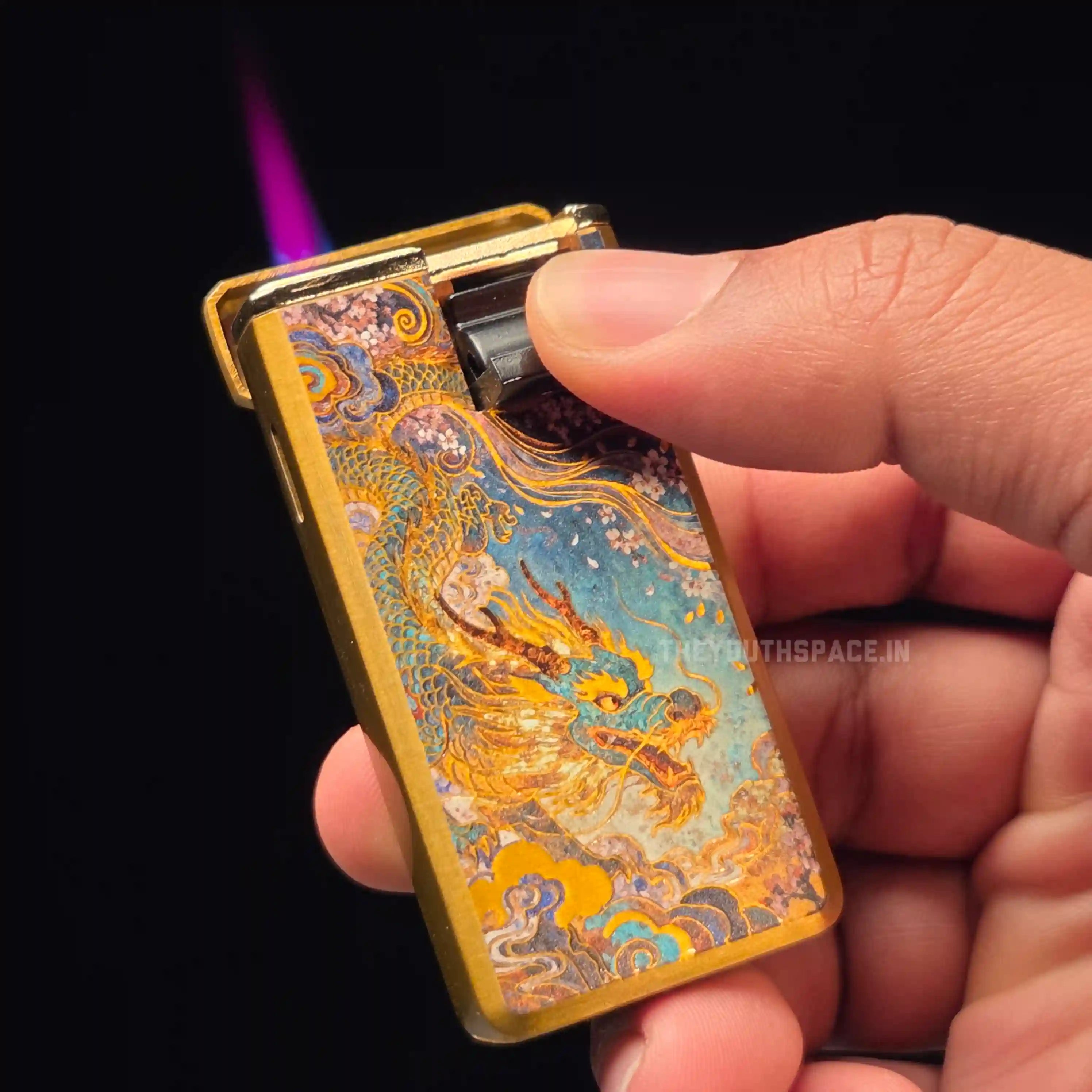 Gold Toned Relief Printed Dragon Red Flame Jet Lighter