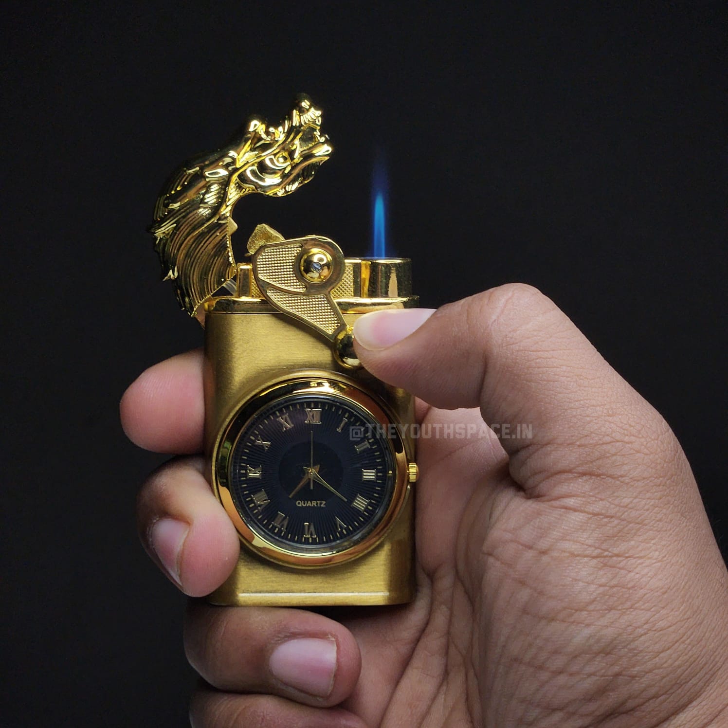 Dual flame Lion Clock lighter (Golden)