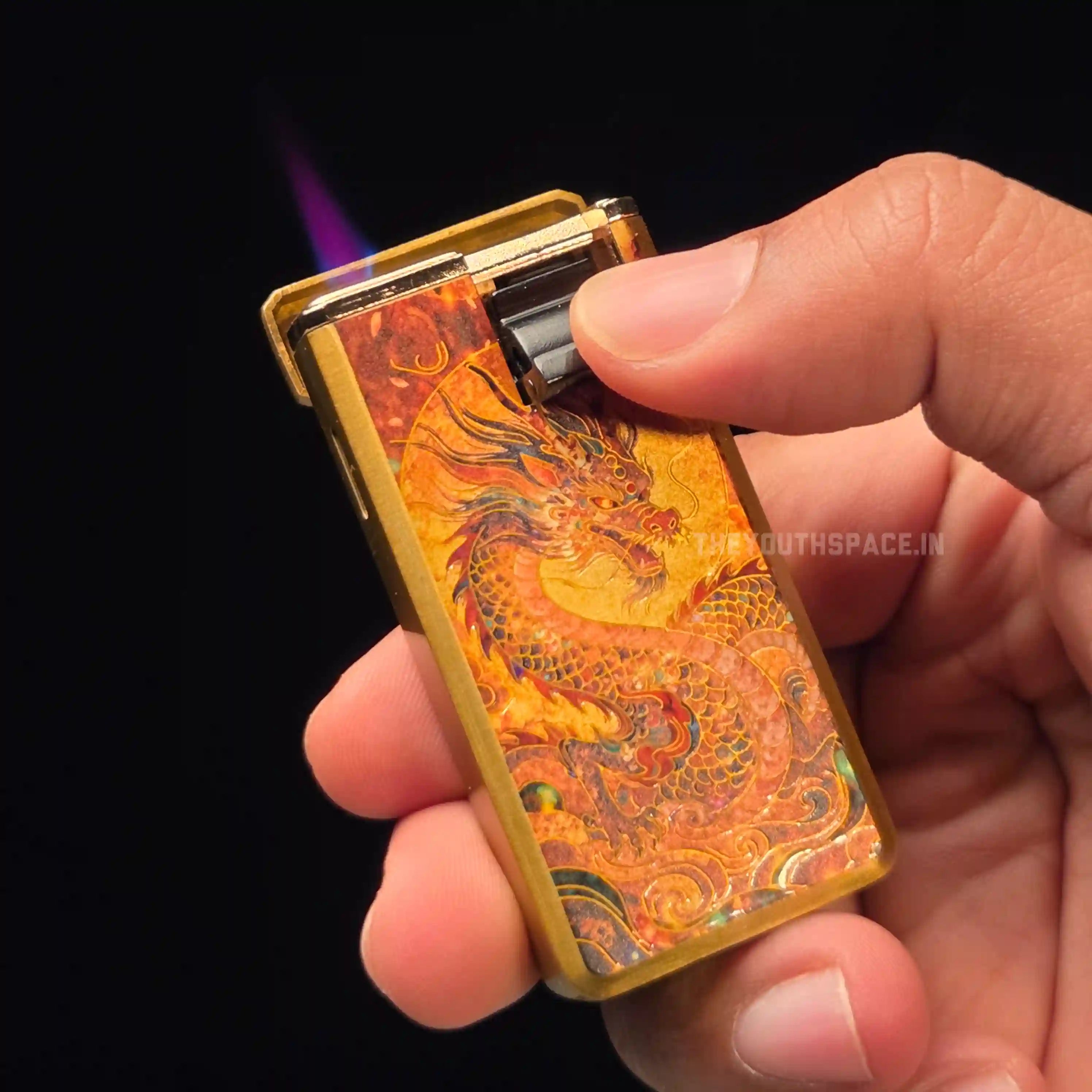 Gold Toned Relief Printed Dragon Red Flame Jet Lighter