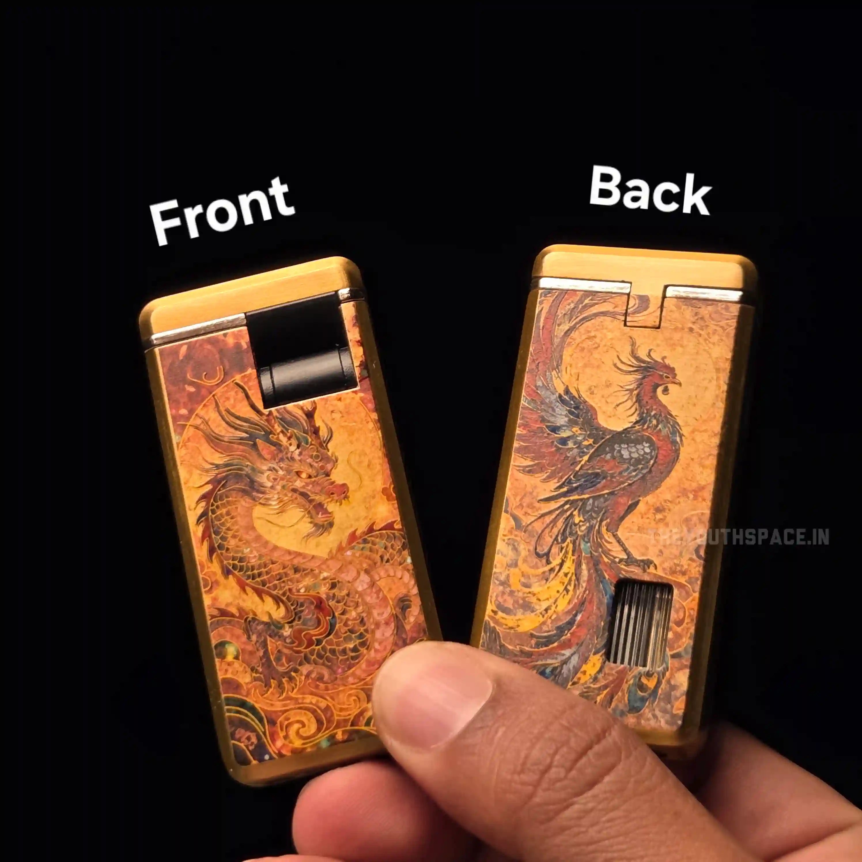 Gold Toned Relief Printed Dragon Red Flame Jet Lighter