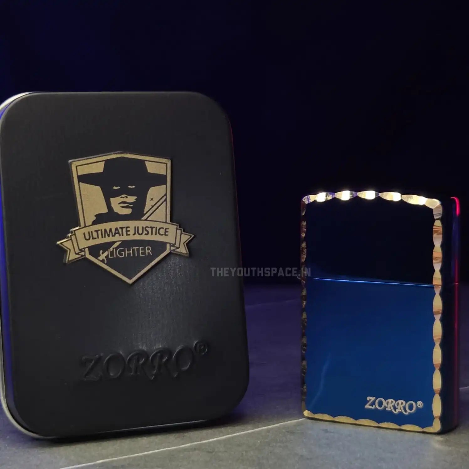 ZORRO ULTIMATE JUSTICE BRASS ICE BLUE HAND CARVED LIGHTER 22HK