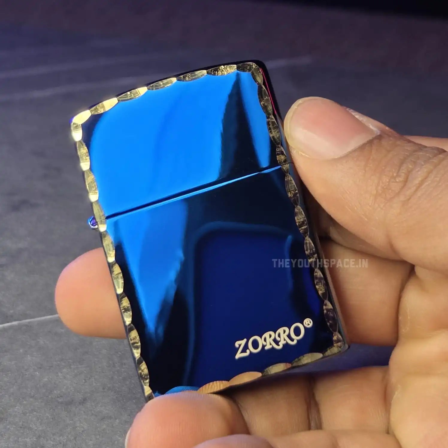 ZORRO ULTIMATE JUSTICE BRASS ICE BLUE HAND CARVED LIGHTER 22HK